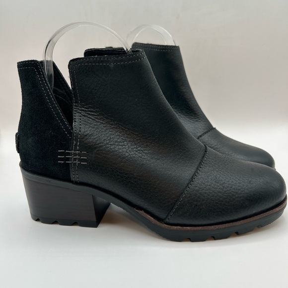 Sorel Women's Cate Cut Out Ankle Boot Black Leather & Suede Stack Heel Size 7.5 - Picture 3 of 12